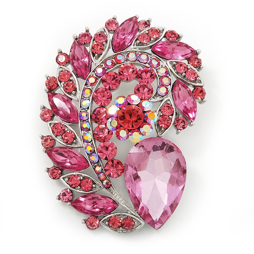 Large Pink Glass 'Feather' Corsage Brooch In Silver Plating - 7.5cm Length