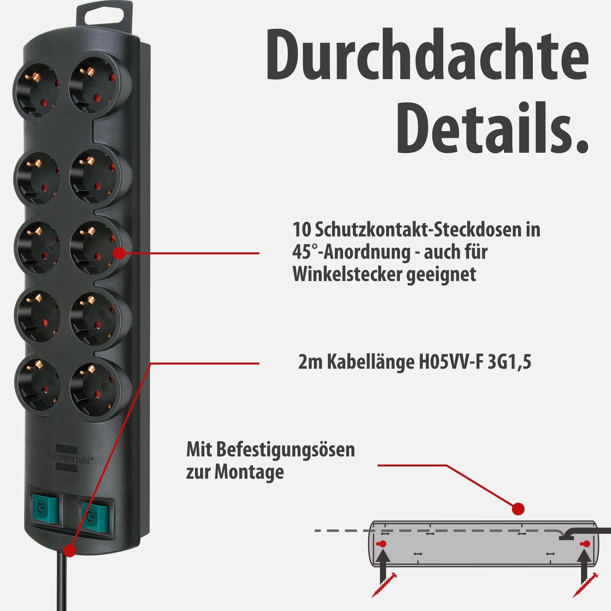 Brennenstuhl Primera-Line Steckdosenleiste 10-Fach (Mehrfachsteckdose mit 2 Schaltern für je 5 Steckdosen und 2m Kabel) schwarz 4