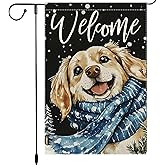 Welcome Dog Garden Flag 12x18 Inch Double Sided Winter Burlap Yard Banner for Christmas Outdoor Decor Golden Retriever Seasonal House Decoration