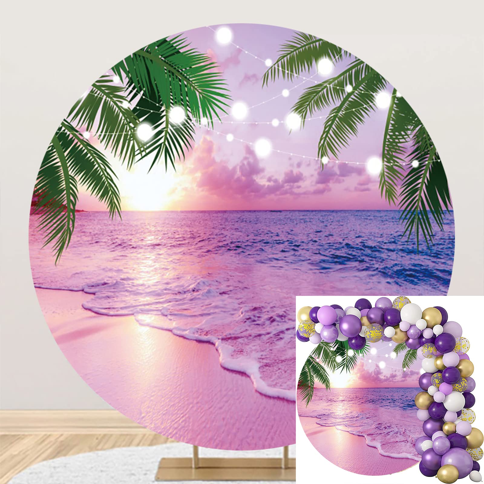 Bovlleetd 6x6ft Romantic Beach Round Backdrop Summer Seaside Sunset Purple Sky Photography Background Waves Palm Leaves Lavender Circle Backdrops Wedding Ceremony Shooting Props