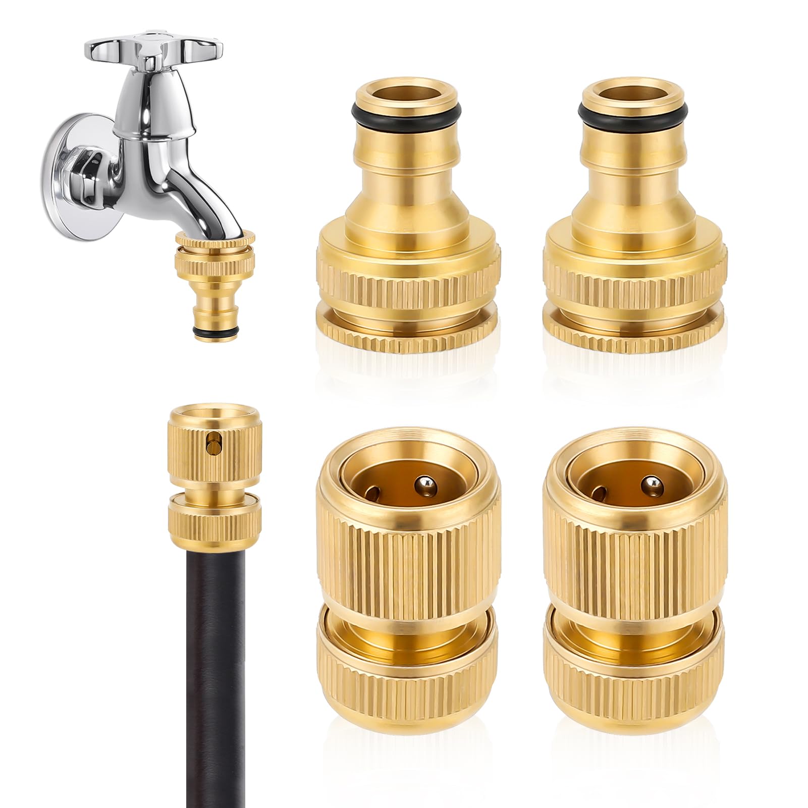 Sylken 4-Piece Brass Hose Fitting Set - 1/2" & 3/4" Quick Connectors, 2-in-1 Faucet Connectors for Garden Hose Repair