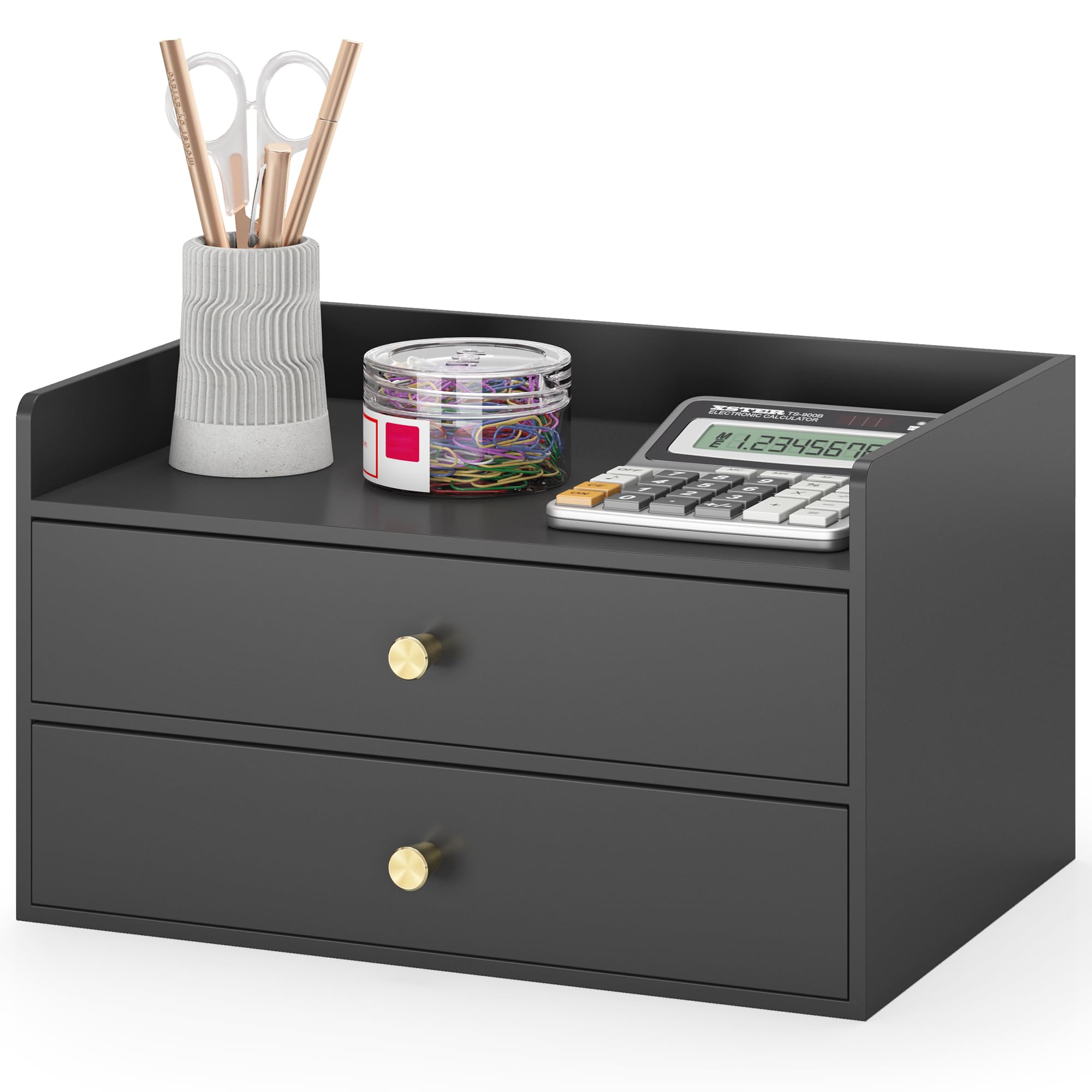 Photo 1 of Bamboo Desk Organizer with Drawers Wooden Desktop Storage Drawers for Bills Office Supplies Kitchen Utensils Organizing Tool for Home Classroom Organization No Assembly (2 Drawers, Black)