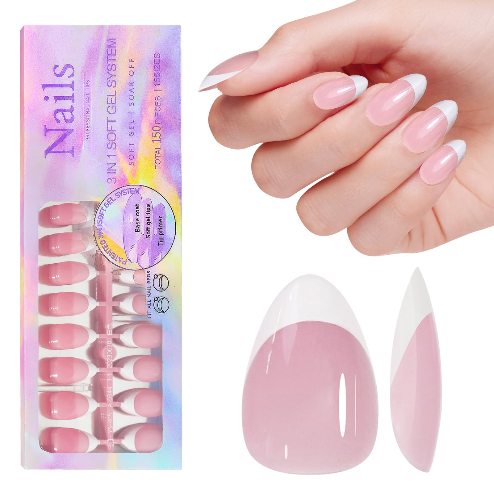 French Gel Nail Tips, 150pcs Medium Coffin Press on Soft Gel Fake Nails, 3 in 1 X-coat Pre-Applied Tip Primer & Base Coat, 15 Sizes for DIY Nail Extension, No Filing Required (HJ-NT087-05)