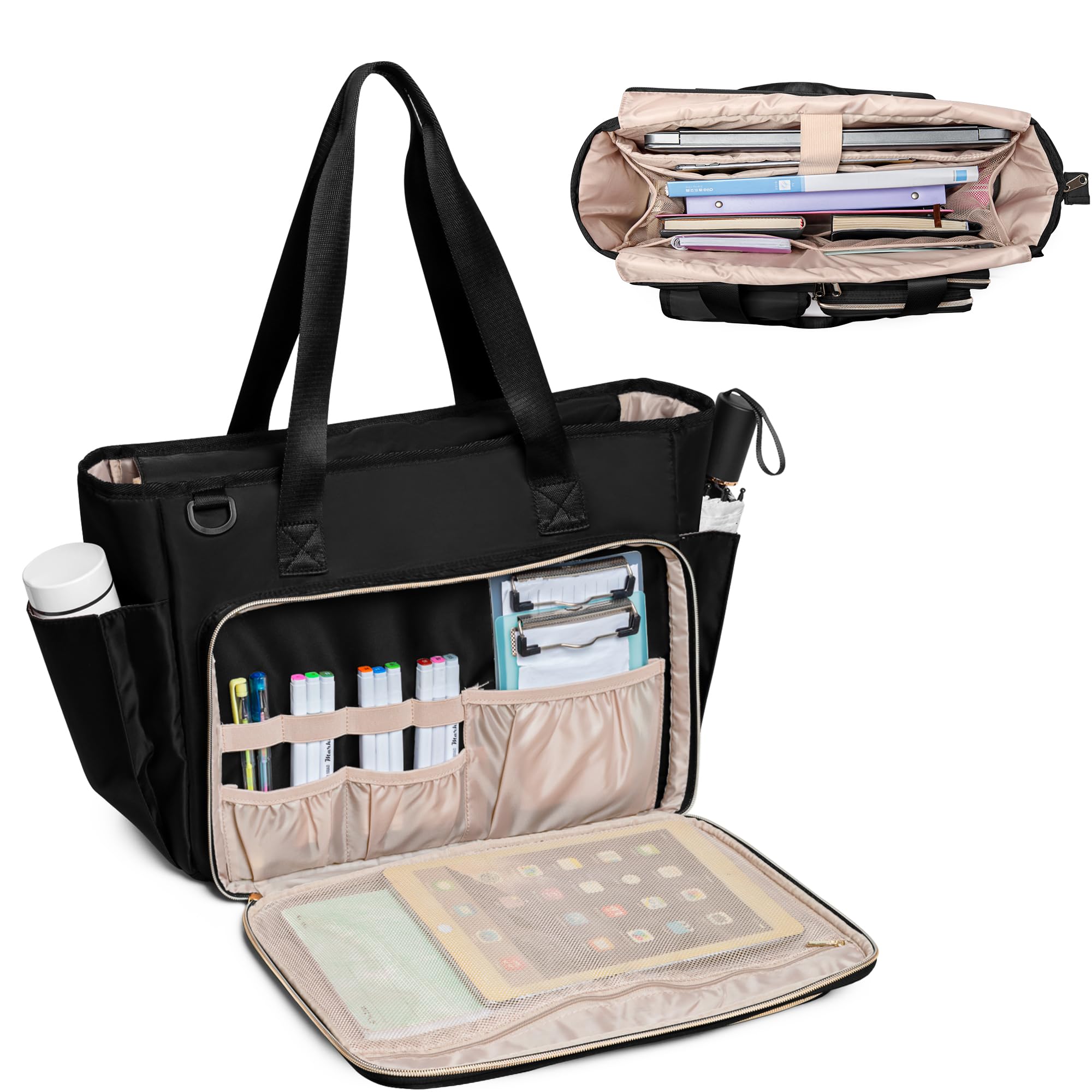 Fasrom Teacher Tote Bag with Laptop Compartment, Teacher Work Bag for Women Men, Messenger Shoulder Bag for Teaching Supplies, Black (Patent Design)