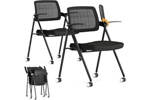 FYLICA Stackable & Foldable Office Chair Set of 2, Folding Desk Chair with Flip-Up Armrest, Breathable Mesh, Thick Seat Cushion & Rocking Backrest, Conference Room Chair with Wheel (Black)