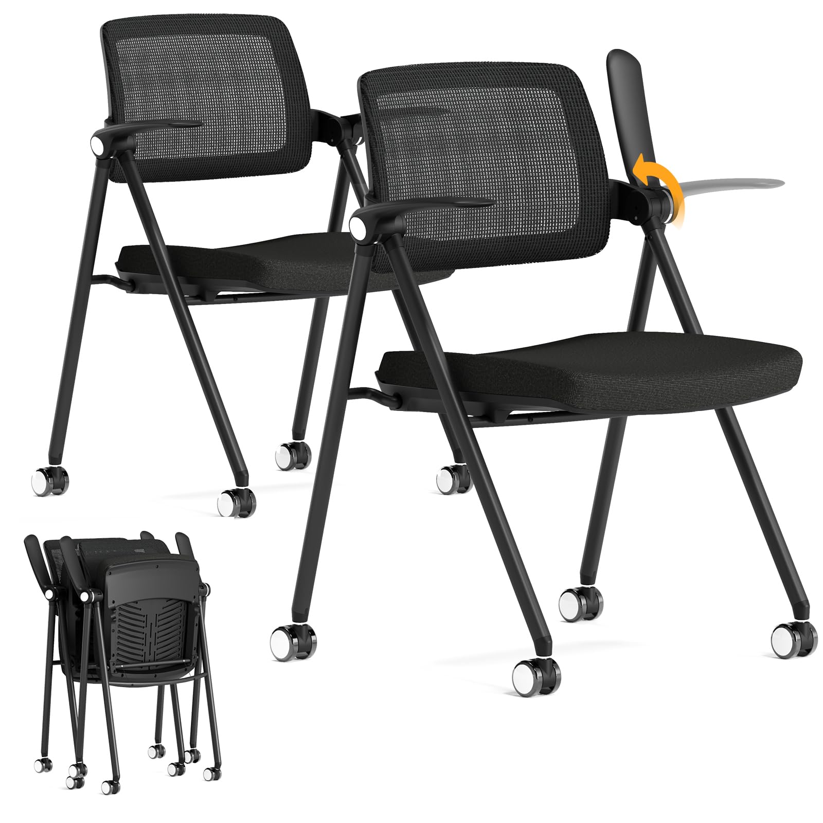 Photo 1 of (( 1 CHAIR )) FYLICA Stackable & Foldable Office Chair, Folding Desk Chair with Flip-Up Armrest, Breathable Mesh, Thick Seat Cushion & Rocking Backrest, Conference Room Chair with Wheel (Black)