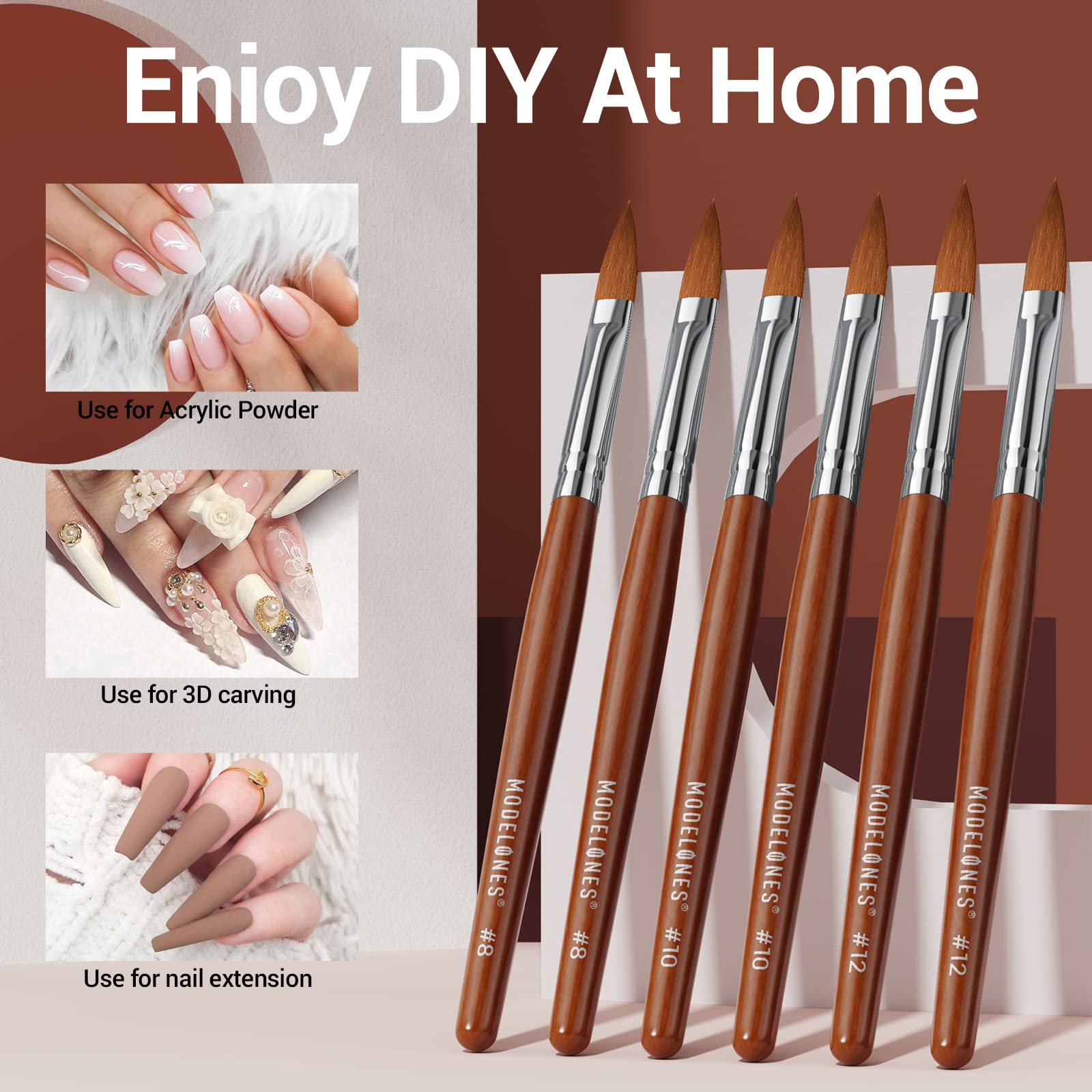 Modelones Kolinsky Acrylic Nail Brush Set, Size 8/10/12 Round Shaped Nail Brushes for Acrylic Powder, Gel Polish, Extension Gel, 3D Carving & Detailing Design with Wooden Handle Salon & DIY Use