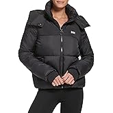 DKNY womens Sport Sport Colorblock Logo Puffer W/Removeable Hood