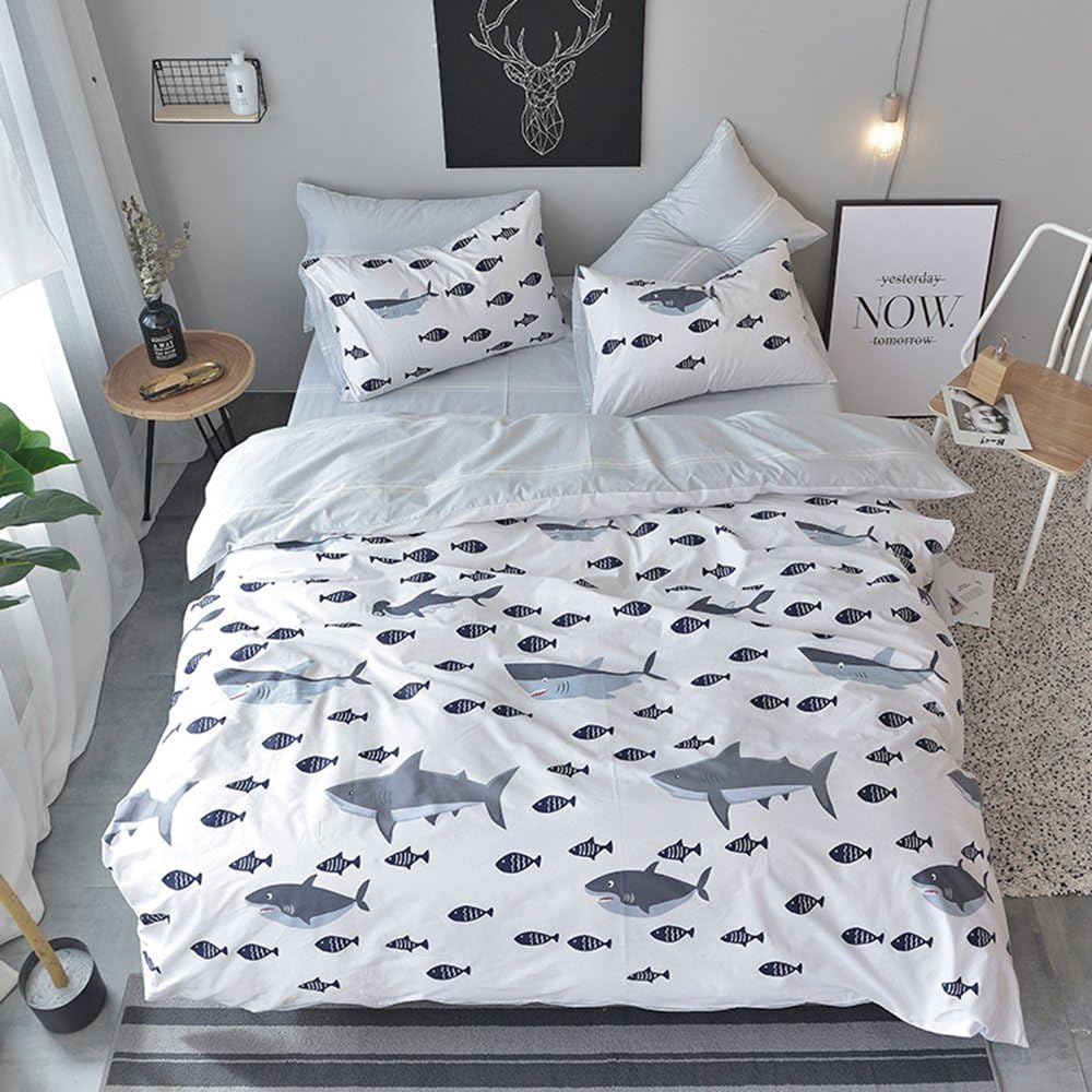 BuLuTu Ocean Whale Sharks Print Cotton Queen Comforter Bedding Sets
