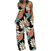 WDIRARA Women's Plus Size Tropical Print Deep V Neck Cami Jumpsuit Straight Leg Pants Romper with Pockets