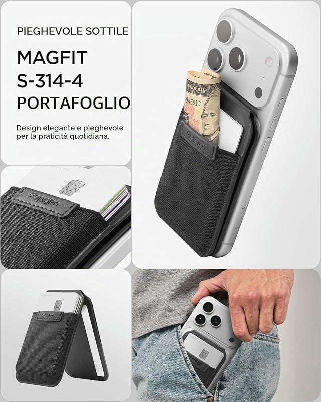 Slim Fold MagFit Portafoglio MagSafe [Fino a 12 Carte] Tasca Elastica, Supporto Free Stop, Porta Carte Magnetico per iPhone 17 17e 16 15 14 13 12 Pro Max & Cover MagSafe e Pixelsnap