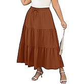 Younrui Women's Plus Size Long Maxi Skirt 1x-4x Elastic Waist Tie Drawstring Crinkle Flowy A-line Skirts with Pockets