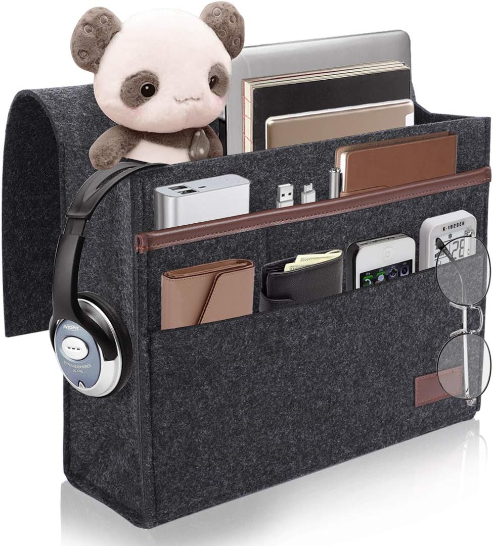 Kernorv Bedside Caddy, Felt Bedside Storage Organizer Home Mattress Sofa Table Cabinet Bed Caddy Storage Organizer with Pockets for Tablet Pad Phone TV Remotes Magazine Books Phone Chargers(Dark Grey)