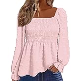 Flamingals Women's Long Sleeve Peplum Blouse Square Neck Cute Elegant Ruffle Smocked Babydoll Shirts