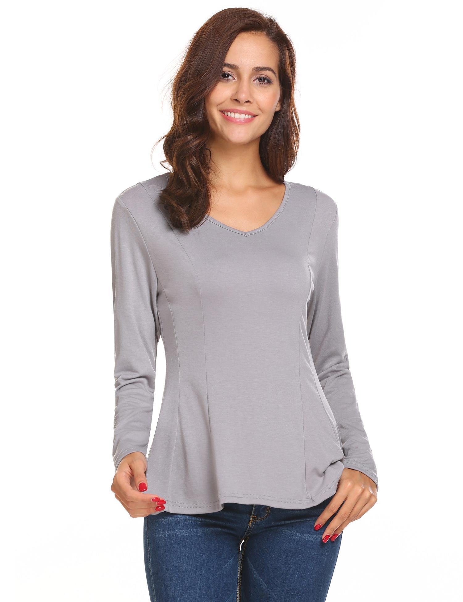 HOTOUCH Women\'s Comfy Loose Fit V Neck Long Sleeve Peplum Tops Blouse GREY M SIZE