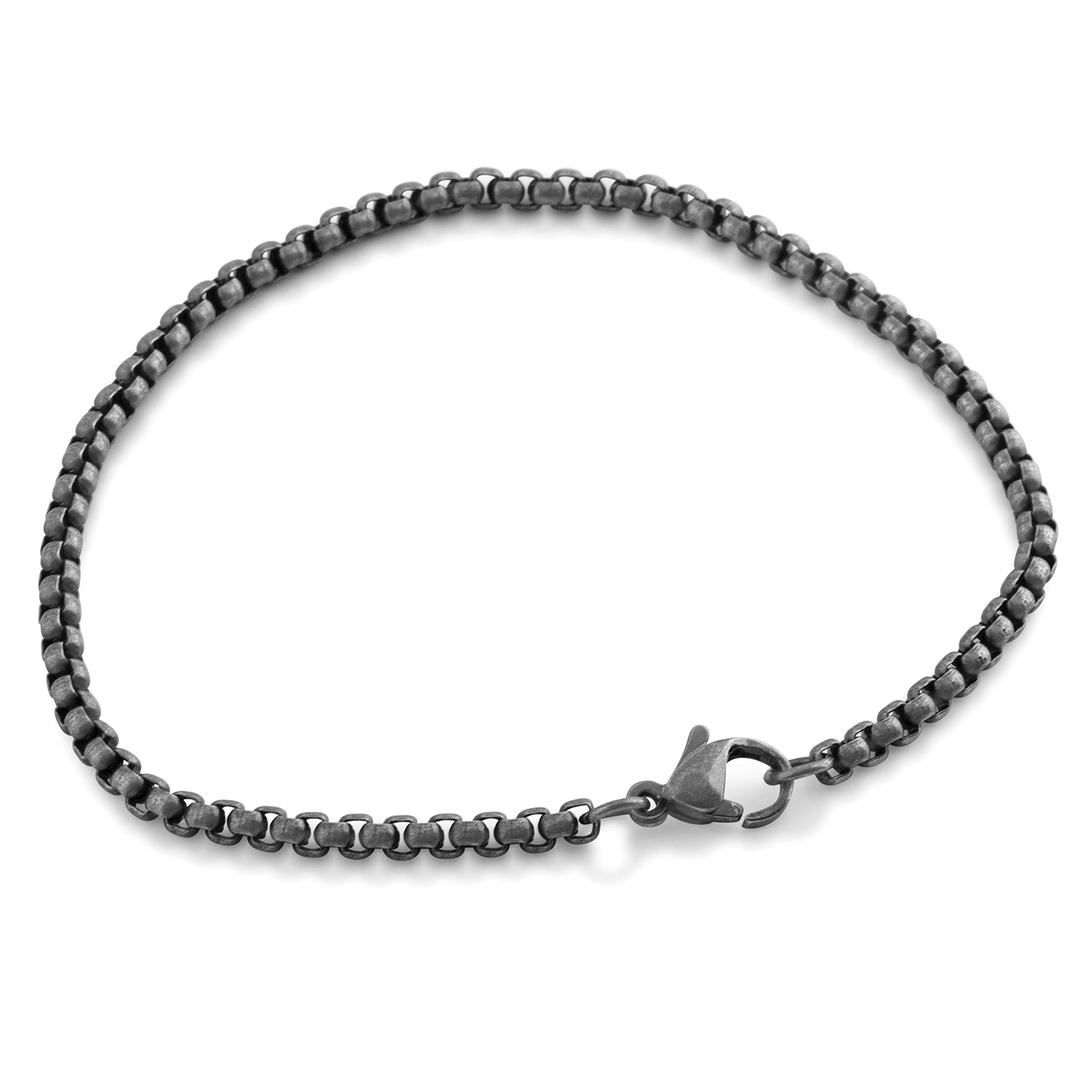 Akitsune Baca Chain links Bracelet | 3mm diameter | Box Rolo Chain Men Women stainless steel carabiner Minimalist - antique Silver 21cm