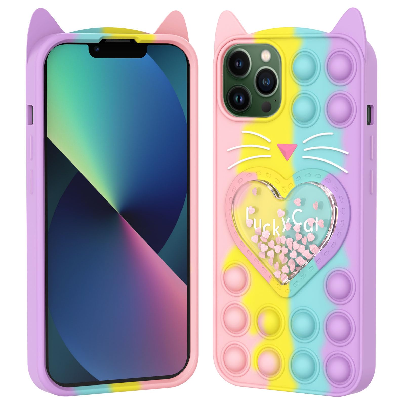 Asgens Fidget Pop Case for iPhone 12/12 Pro, Cute Cartoon Lucky Cat Quicksand Bling Stars Push Bubbles Shockproof Silicone Soft Phone Case for Apple iPhone 12/12 Pro 6.1 inch โ image 1