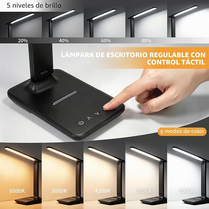 Lámpara de Escritorio LED con Puerto USB, Control Táctil, Luz Protectora Ocular, 5 Modos de Color y 5 Niveles de Brillo, Ideal para Dormitorio, Estudio y Mesita de Noche (Negro)