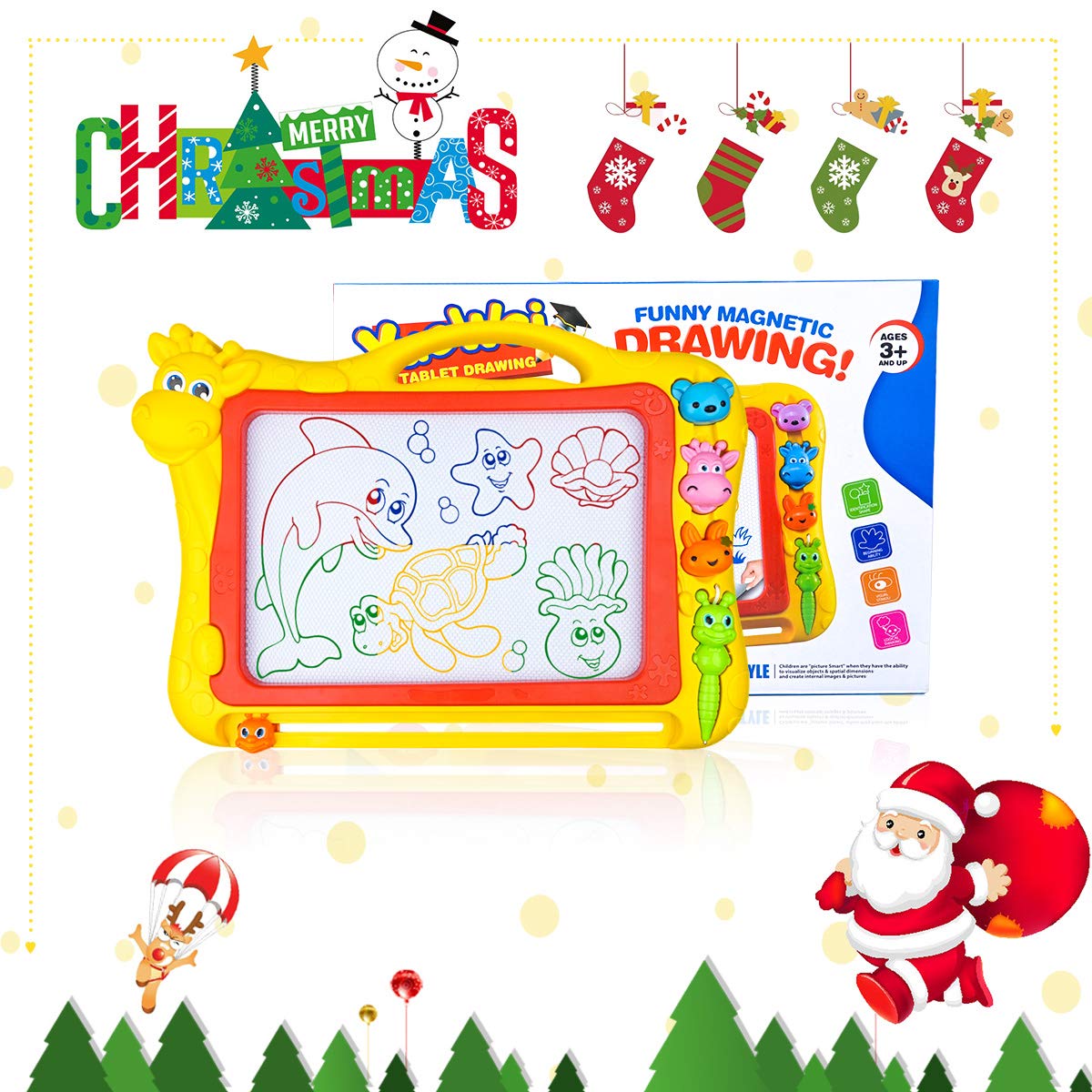 Merryxgift Magnetisches Zeichenbrett, Große (43 x 30 x 5 cm) Kinder Zaubertafel Doodle Board Pad Bunt Zeichenbrett mit 3 Magnetische Stempel für Kinder 3 4 5 6 7 Jahre Alt