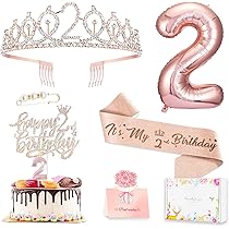 Rose Gold 2nd Birthday Decorations Set - Tiara, Sash, Cake Topper, Candles & Balloons For Girls Birthday Party