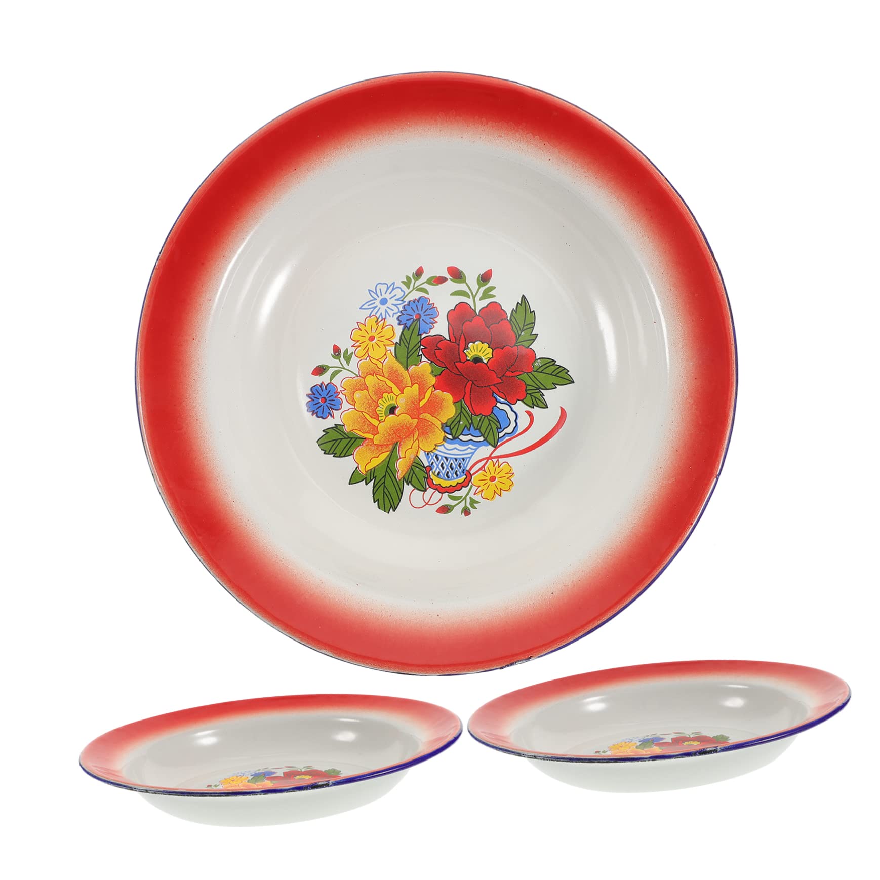 Yardwe 3pcs BBQ Enamel Plate Salad Bowl Set Ceramic Dinner Plates Stainless Steel Grill Set Metal Serving Dish Dinner Dish Plate Dessert Platters Snack Dish Chinese Style Serving Plates