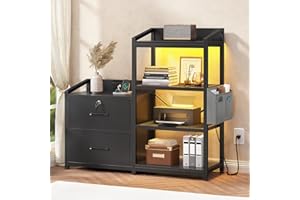 SEDETA 35.4” File Cabinet, Filing Cabinet fits Letter/A4 Size, 2 Drawe File Cabinets for Home Office with Power Strip, LED Lights, Lock, Open Shelf, Black