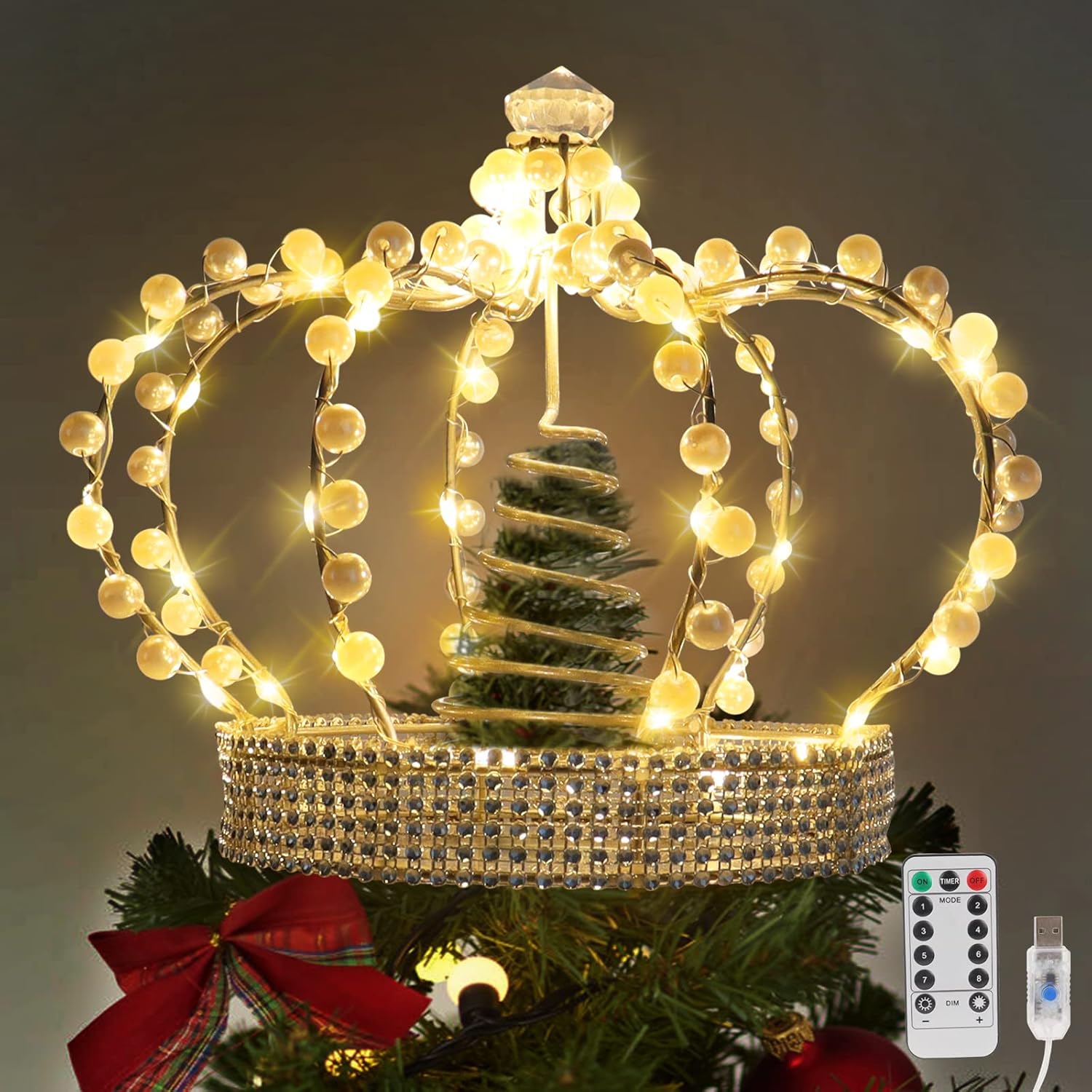 Tree Toppers - Christmas Jeweled Crown Tree Topper, Christmas Tree Topper with LED Light Remote Control, Light Up Tree Topper Xmas Decoration 8 Lighting Mode Timer Adjustable Brightness for Christmas Tree