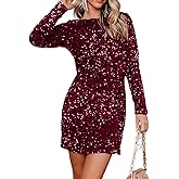 R.Vivimos Women's Sequin Bodycon Dress Fall Winter Velvet Warm Long Sleeve Crew Neck Sexy Backless Glitter Slit Mini Dress