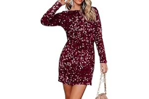 R.Vivimos Women's Sequin Bodycon Dress Fall Winter Velvet Warm Long Sleeve Crew Neck Sexy Backless Glitter Slit Mini Dress