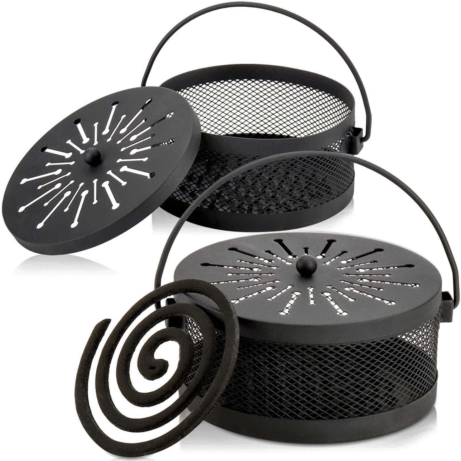 Photo 1 of Elsjoy 2 Pack Mosquito Coil Holder with Lid and Handle, Portable Incense Coil Burner Metal Mosquito Incense Holder for Indoor & Outdoor Camping, 5.6" Diameter, Black