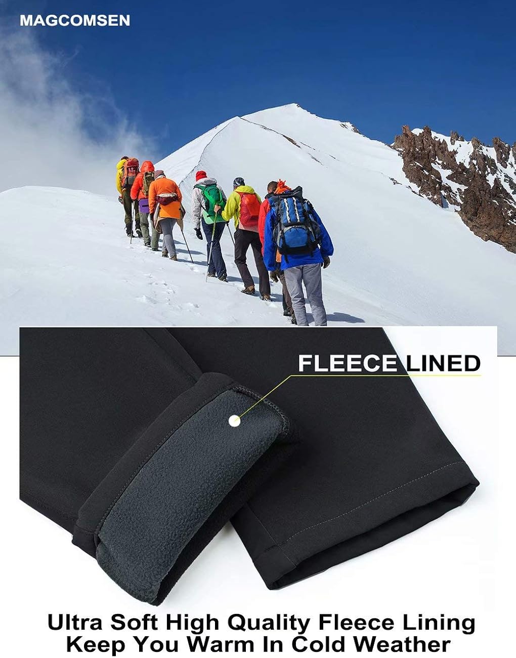 MAGCOMSEN Men's Snow Pants Water Resistant Zip Pockets Reinforced Knees Fleece Lined Hiking Ski Pants: Clothing
