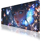 Anime Girl Mouse Pad Blue Purple Neon Butterfly Starry Night Extended Mousepad XXL Computer Laptop Keyboard Mouse Mat Big Aesthetic Desk Decor Pad 31.5x11.8 in