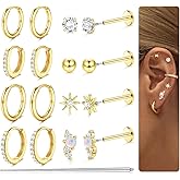 GEMQUEEN Flat Back Earrings : 14K Gold Plated Surgical Steel Earring Hypoallergenic - Small Hoop Huggie Earrings for Women Men 18G Internal Thread Cartilage Helix Conch Tragus Piercing Jewelry 8 Pairs