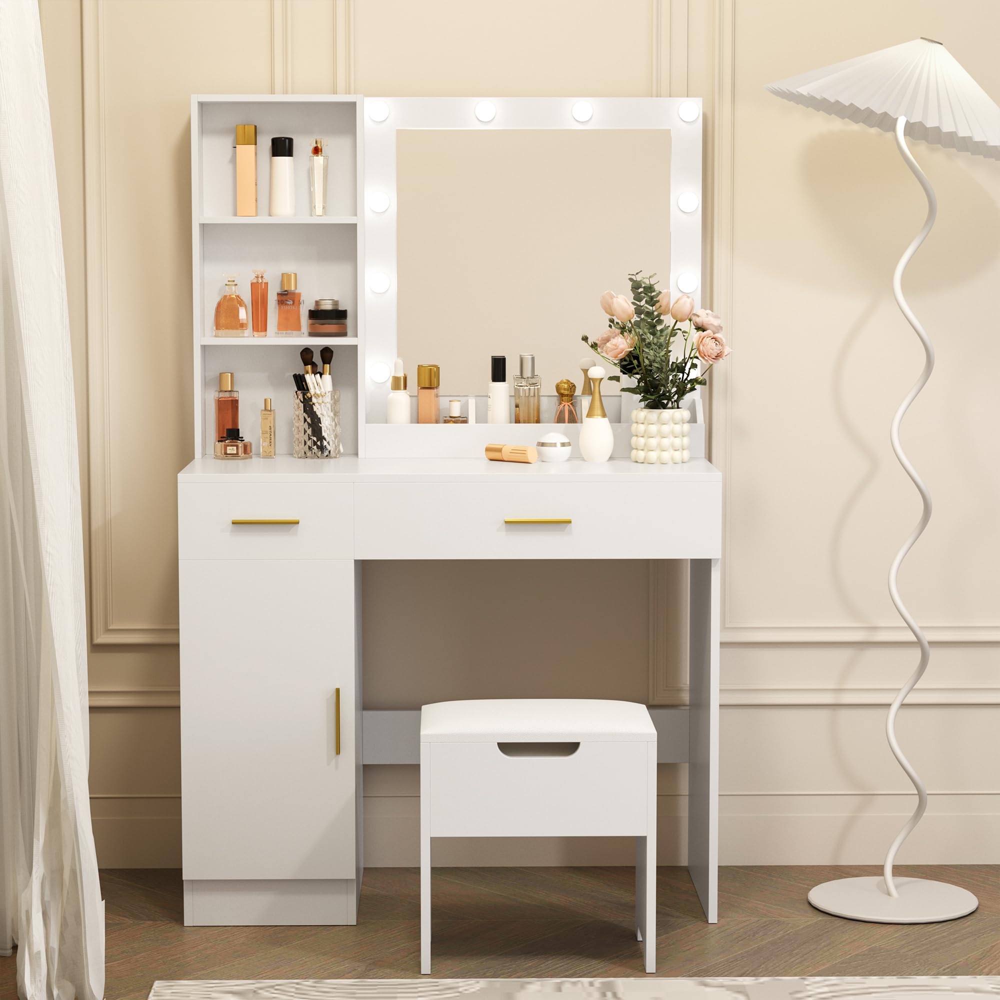 Photo 1 of Pamapic 9 Storage Spaces Vanity Desk with Golden Handles, 2 Drawers and Cabinet Door Upgraded Silent Slides Vanity Mirror with Lights, 3 Lighting Modes Makeup Vanity with Storage Stool for Bedroom