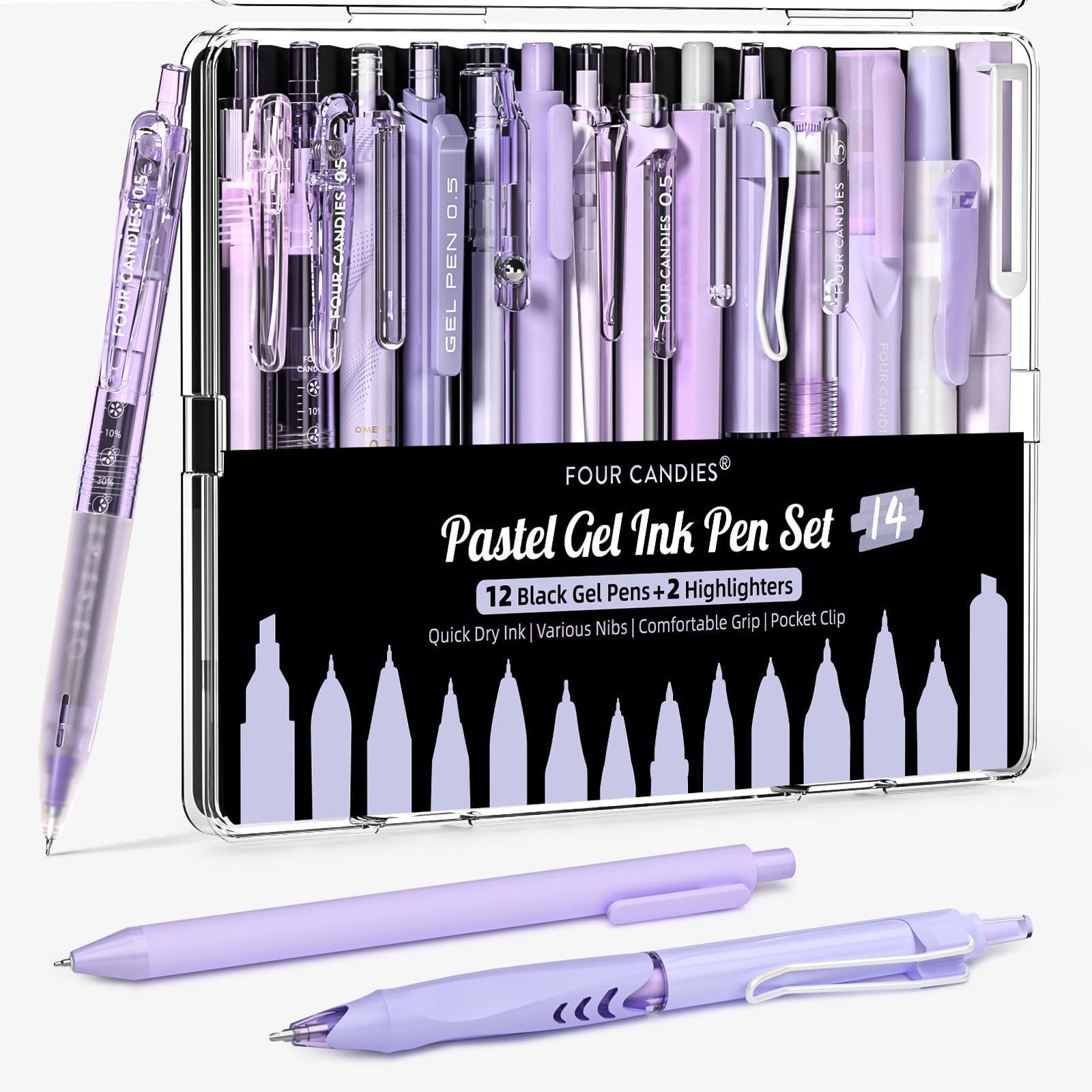 Four Candies 14Pack Gel Ink Pens Set,Retractable 0.5mm Fine Point Pen,Note Taking Aesthetic,11 Pcs Black Ink Pens and 1 Purple Ink Pen with 2Pcs Highlighter for School,Office(Purple) — image 1