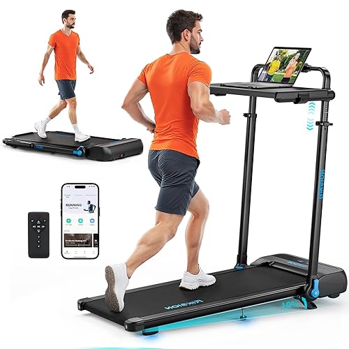 Treadmills Foldable with Desk Removable 10% Incline LED Display App Support, 1–14KM/H Walking Pad with Handrail Running Machine for Home/Office Jogging