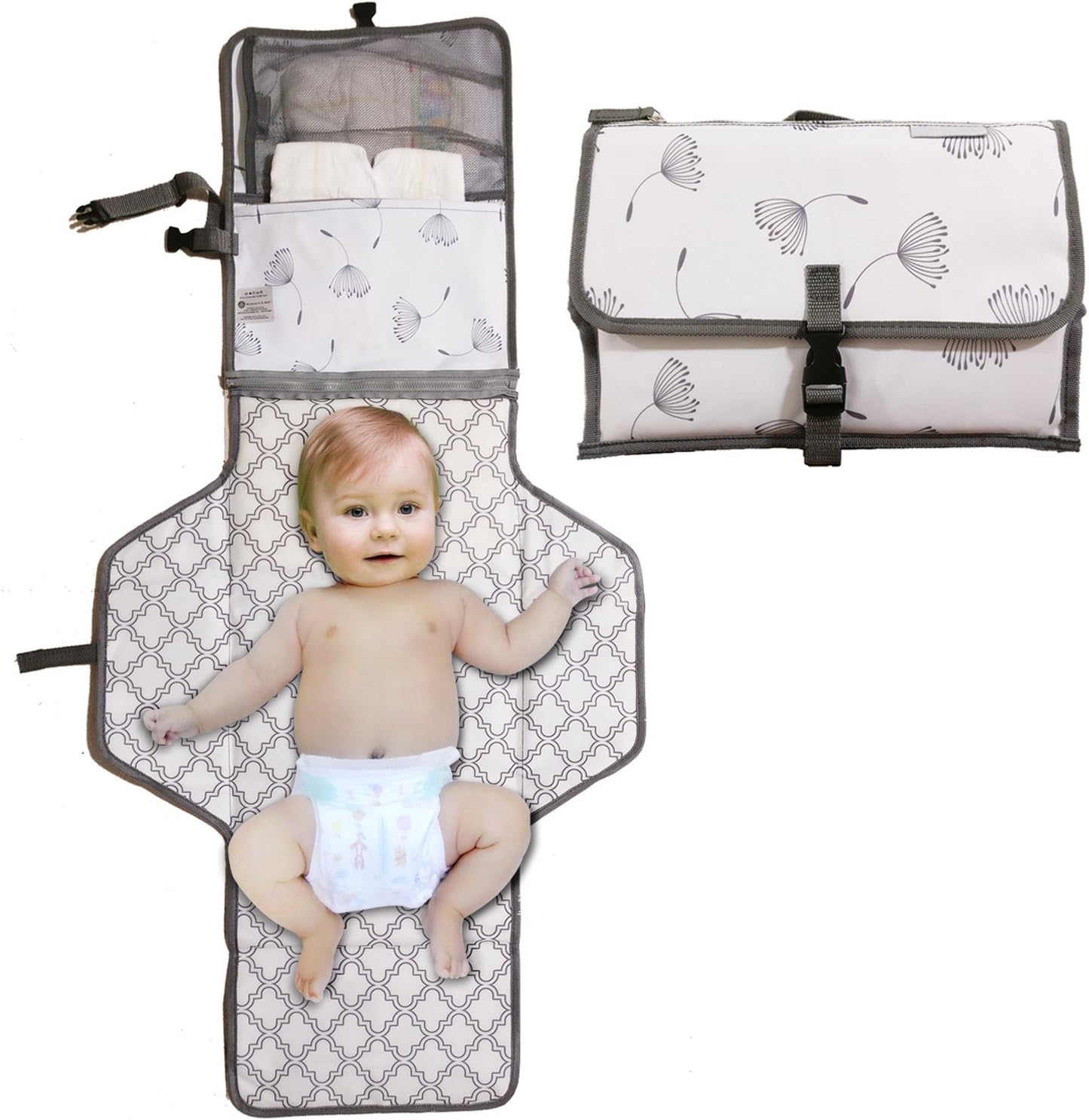 Diaper Clutch with Extra Long Waterproof Detachable Changing Pad for Baby Newborn Infant,Diaper Bag Foldable Mat & Built-in Head Cushion Portable Changing Station for Travel and Home … (White&Grey)