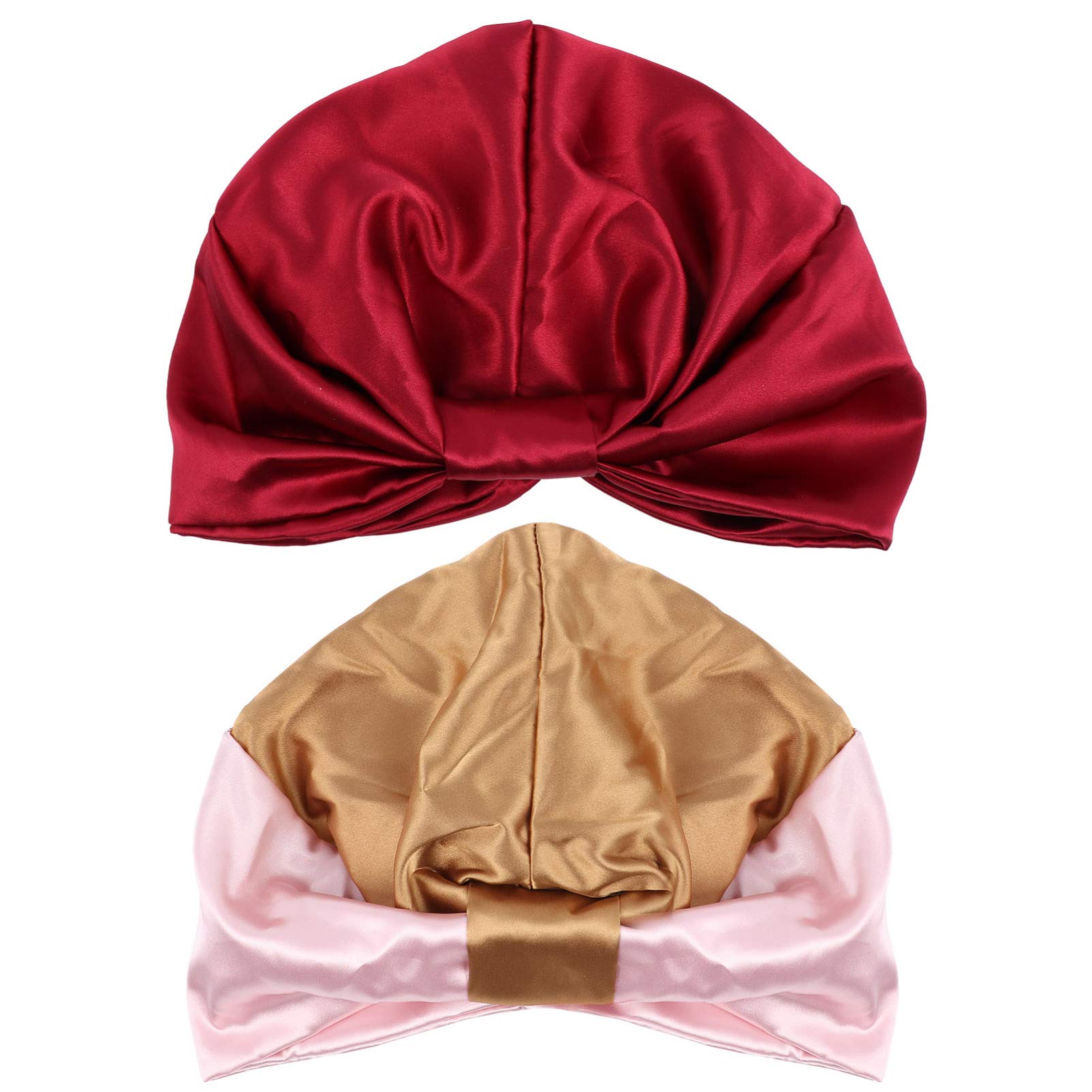 FRCOLOR Silk Bonnet Sleeping Cap for Natural Hair,Wide Band Satin Bonnet Hair Loss Caps Soft Hair Turbans Night Head Cover,2pcs (Red,Pink)