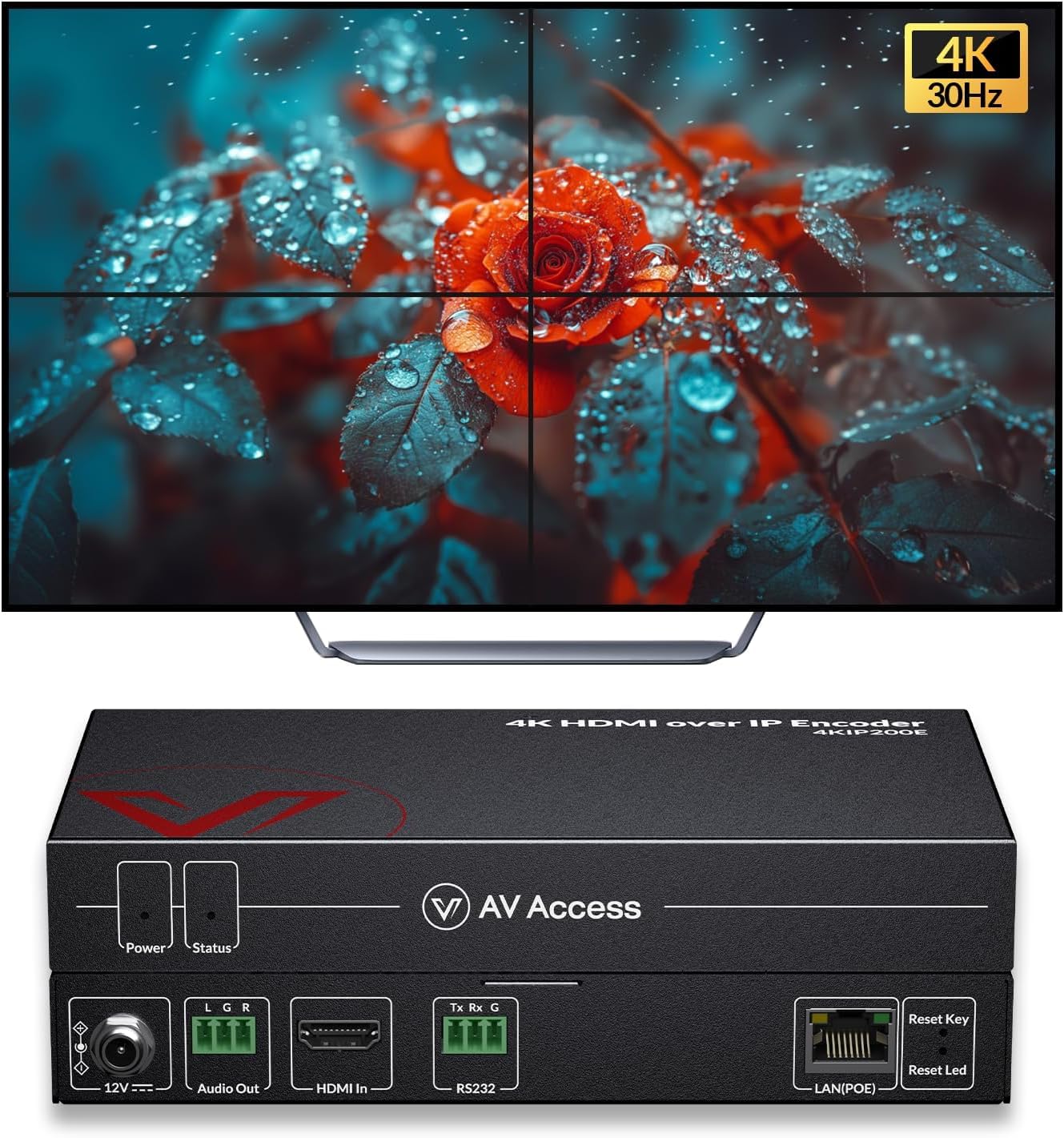 AV Access 4K HDMI Extender Over TCP/IP, AV Over IP Encoder with Video Wall up to 8X8, 395ft (120m), Plug & Play Without Configuration, Visual Control, Video Matrix, PoE, RS-232 (4KIP200E)