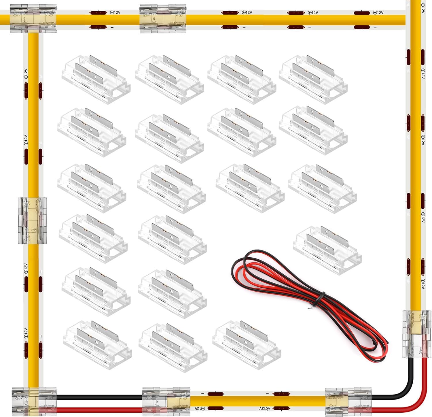 SHAOYAYAZHANG 9-in-1 LED Connector, 2-Pin 8mm Strip to Strip to Wire Connector Kit - 20 I X T L-Shaped Connectors, 16.4ft 22AWG Extension Cord for FCOB Single Color LED Strips