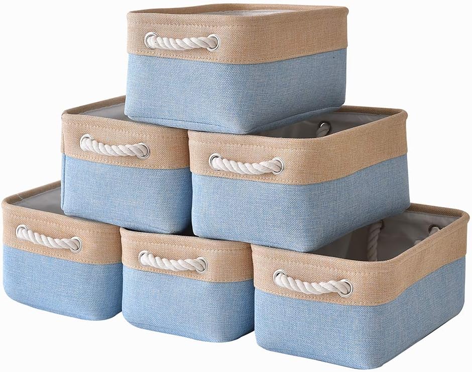 pulnimus Fabric Storage Baskets Set [6 Pack] Small Storage Bins, Nursery Baskets 12”x 8” x 5”Cloth Baskets for Baby, Empty Gift Baskets with Rope Handles, Rectangular Basket, Decorative Closet Baskets