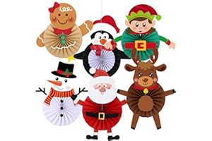 Gilprop 6 Set Christmas Hanging Paper Fans Decoration Christmas Paper Craft Kit Xmas Ceiling Hanging Decor with Santa Claus Snowman Gingerbread Man Elves Elk Penguin for Xmas Holiday Party Supply