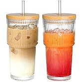 AFINSEA 20oz Ribbed Glass Tumblers with Lids and Straws, 2 PCS Iced Coffee Cups,Glass Coffee Cups with Bamboo Lid,Vintage Glassware for Whiskey Cocktail Beer
