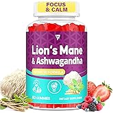 Organic Ashwagandha Gummies & Lions Mane Gummies with 4 Adaptogens| Brain Supplements for Memory and Focus, Stress, Energy, Immune, Sleep| Cortisol Supplements for Women & Men| Berry Flavor, 60 Counts