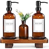 Kitchen Soap Dispenser Set with Wood Riser Tray, Amber Glass Soap Dispenser with Stainless Steel Pump, Hand and Dish Soap Dispenser Set for Kitchen, Soap and Lotion Dispenser Bathroom Decor(Amber)