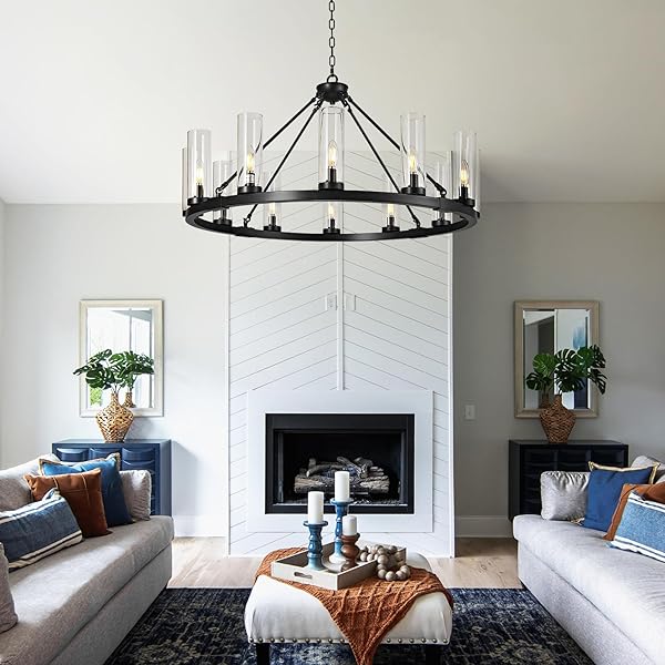 ZHLLMQ 12 LIGHT BLACK CHANDELIER WAGON WHEEL CHANDELIER WITH CLEAR GLASS SHADE ROUND INDUSTRIAL PENDANT LIGHTING FIXTURE FOR STAIR LIVING ROOM FOYER KITCHEN