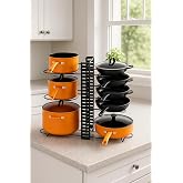 Original Essentials 8-Tier Adjustable Pot and Pan Organizer Rack, Black Steel Kitchen Cookware Storage Solution, 21 x 15 x 8 Inch Cabinet Organizer with Heavy-Duty Metal Construction