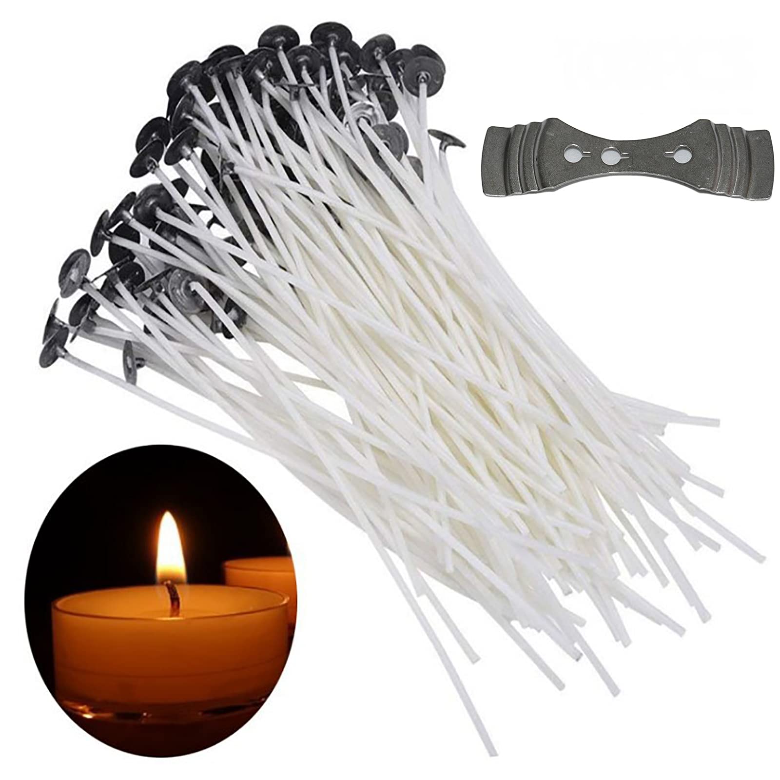 SHULLIN Pack of 100 Candle Wicks Candle Wicks 150 mm Candle Wick 100% Natural Organic Cotton with 1 Wick Holder for Candle Making, Candle DIY