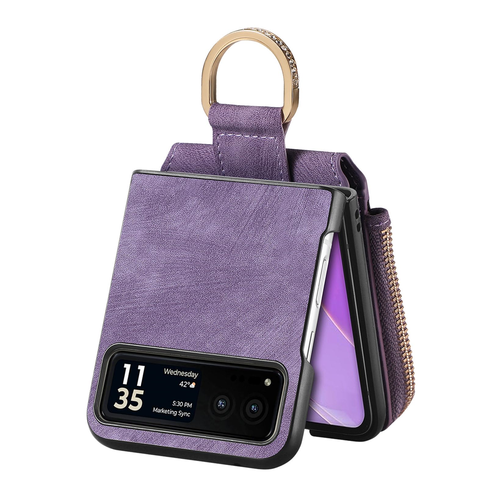 COQUE Shell Motorola Razr 40 Protective Cover,Magnetic Folding Zipper Wallet Card Slot Mobile Phone Leather Case for Motorola Razr 40-Purple