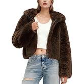 Flygo Womens Faux Fur Coat Cropped Fluffy Hooded Winter Jackets Zip Up Open Front Fuzzy Short Shaggy Warm Coats with Pockets